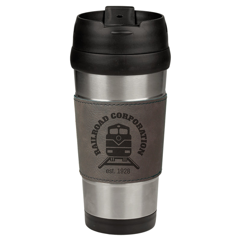 16 oz. Gray Laserable Leatherette Stainless Steel Travel Mug